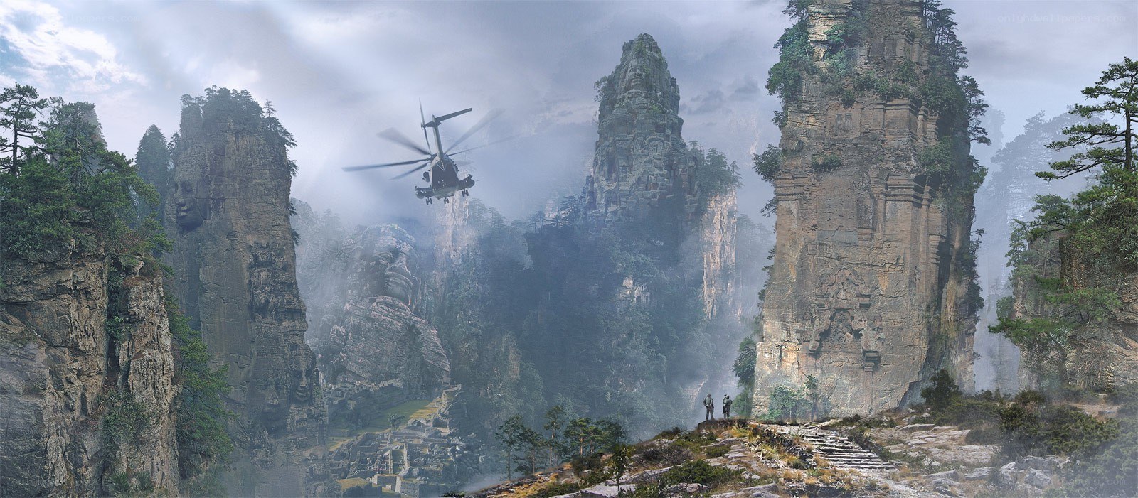 Helicopter over mountain cliffs