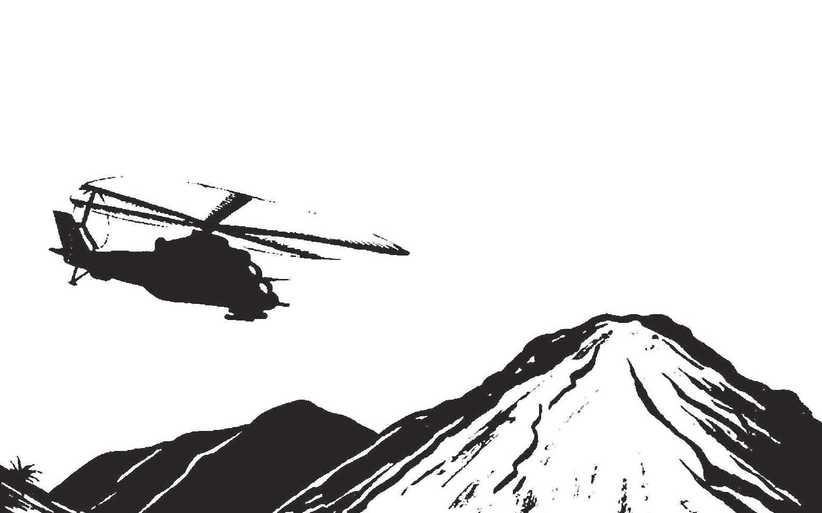 Helicopter over mountain silhouette