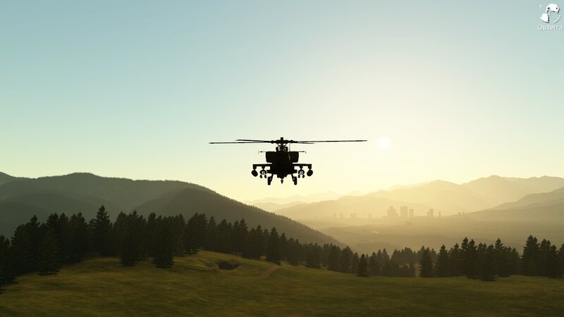 helicopter over mountain valley