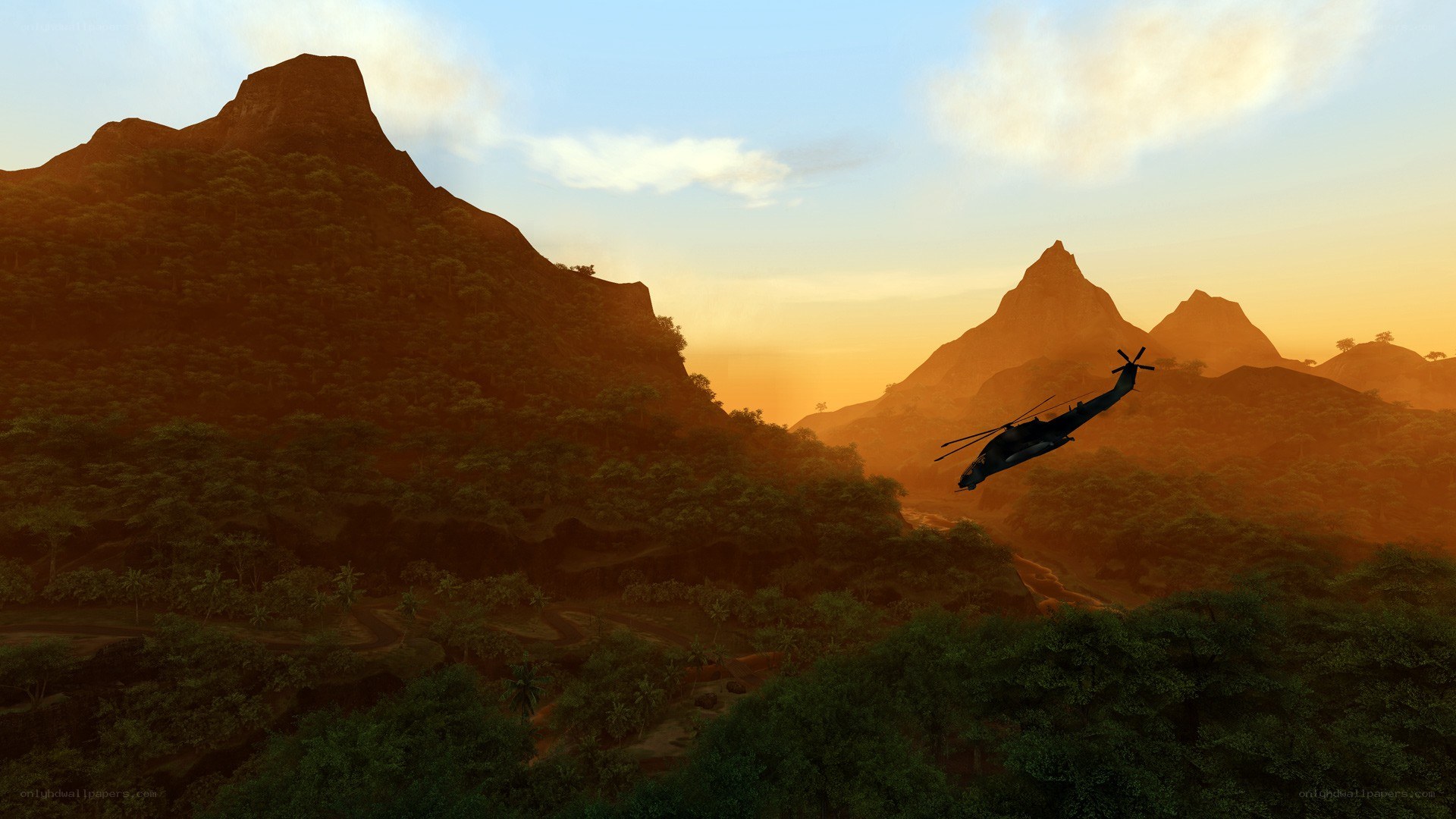 helicopter over mountainous jungle