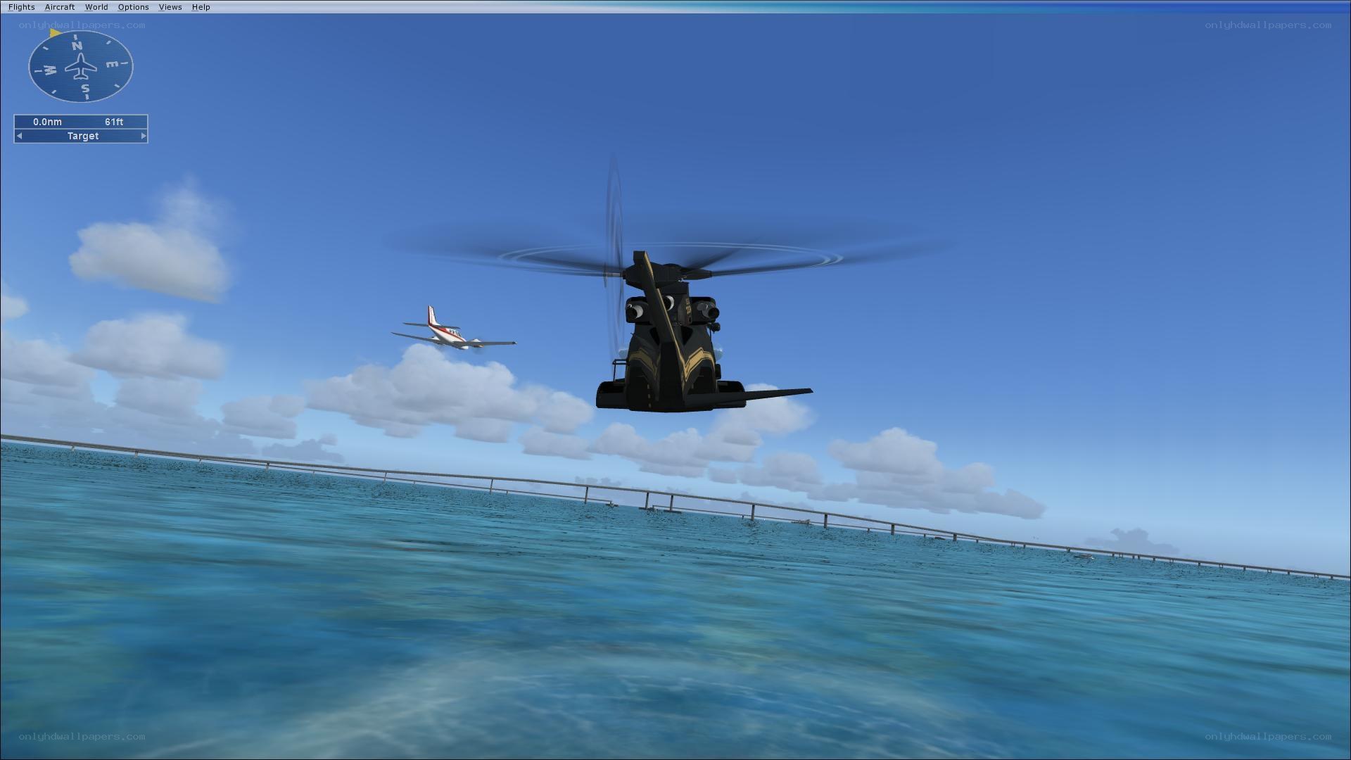 helicopter over ocean scene
