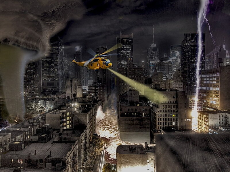 Helicopter over stormy city