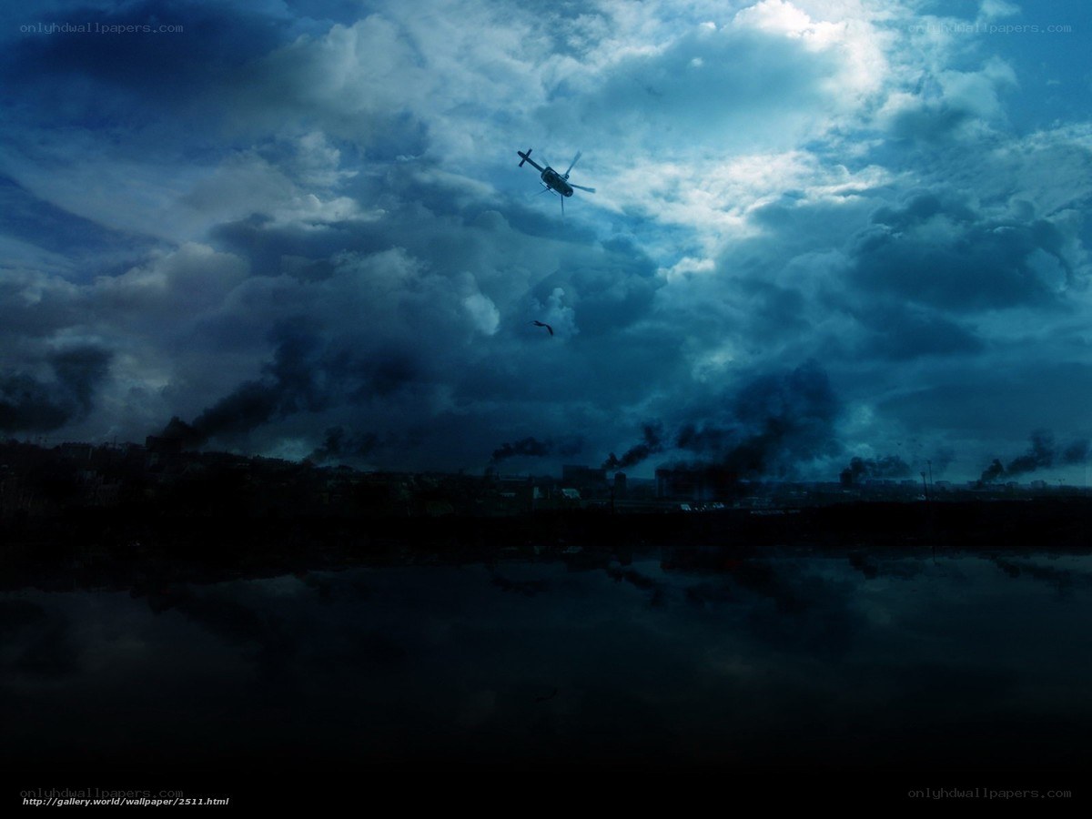 Helicopter over stormy city
