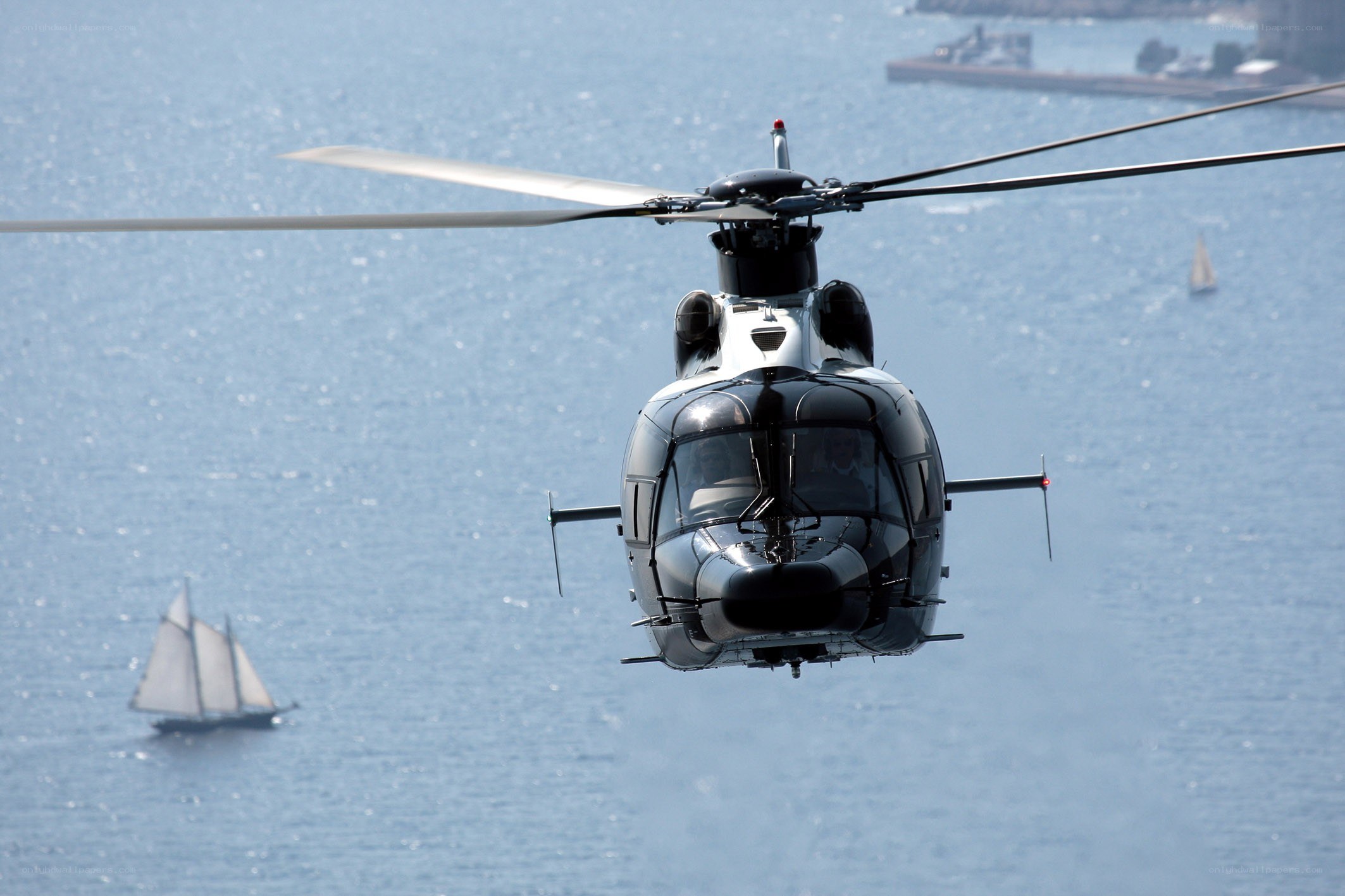 Helicopter over the water