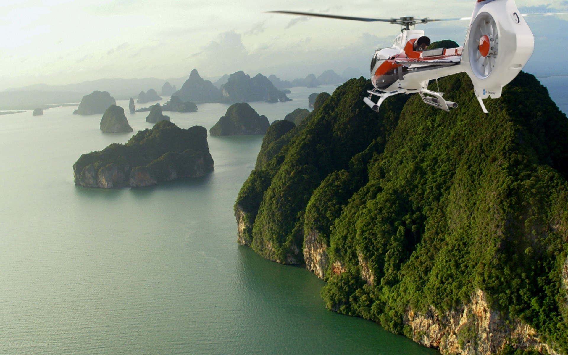 helicopter over tropical islands