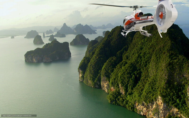 Helicopter over tropical islands