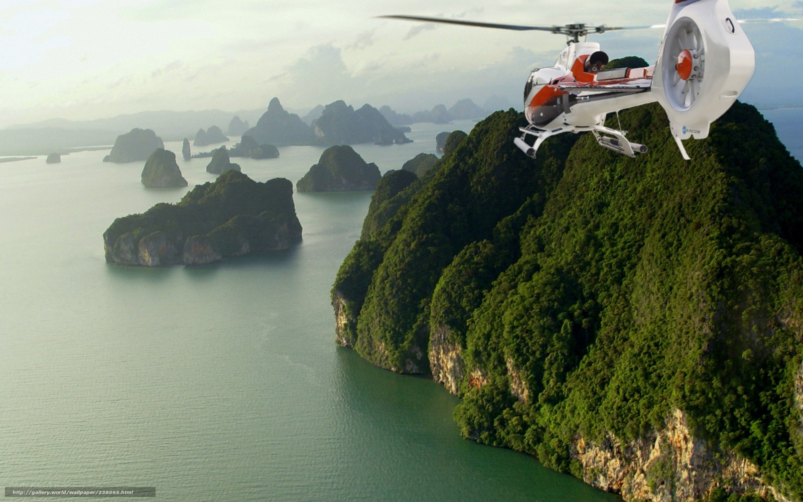 Helicopter over tropical islands