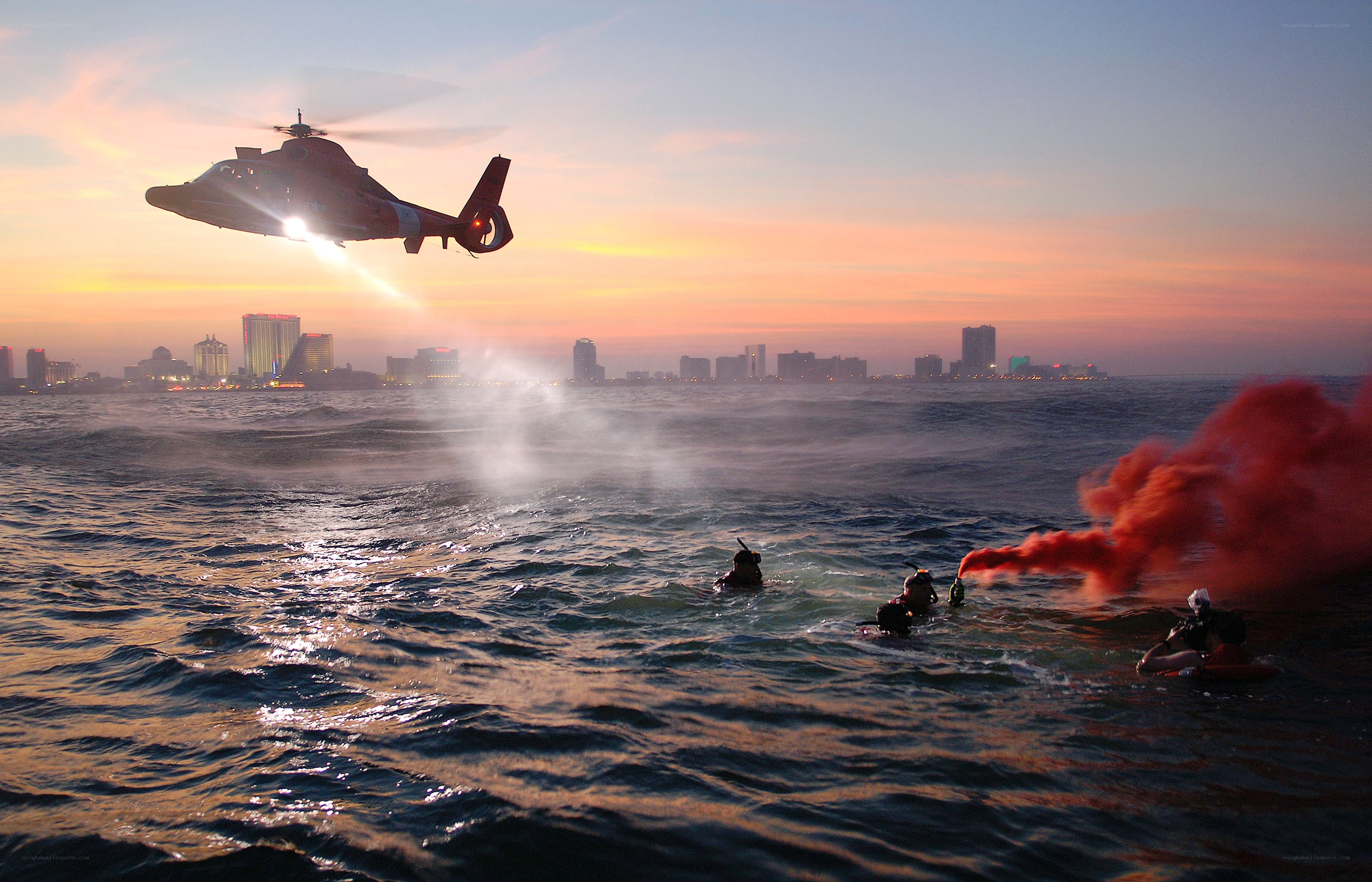 Helicopter rescue at sunset