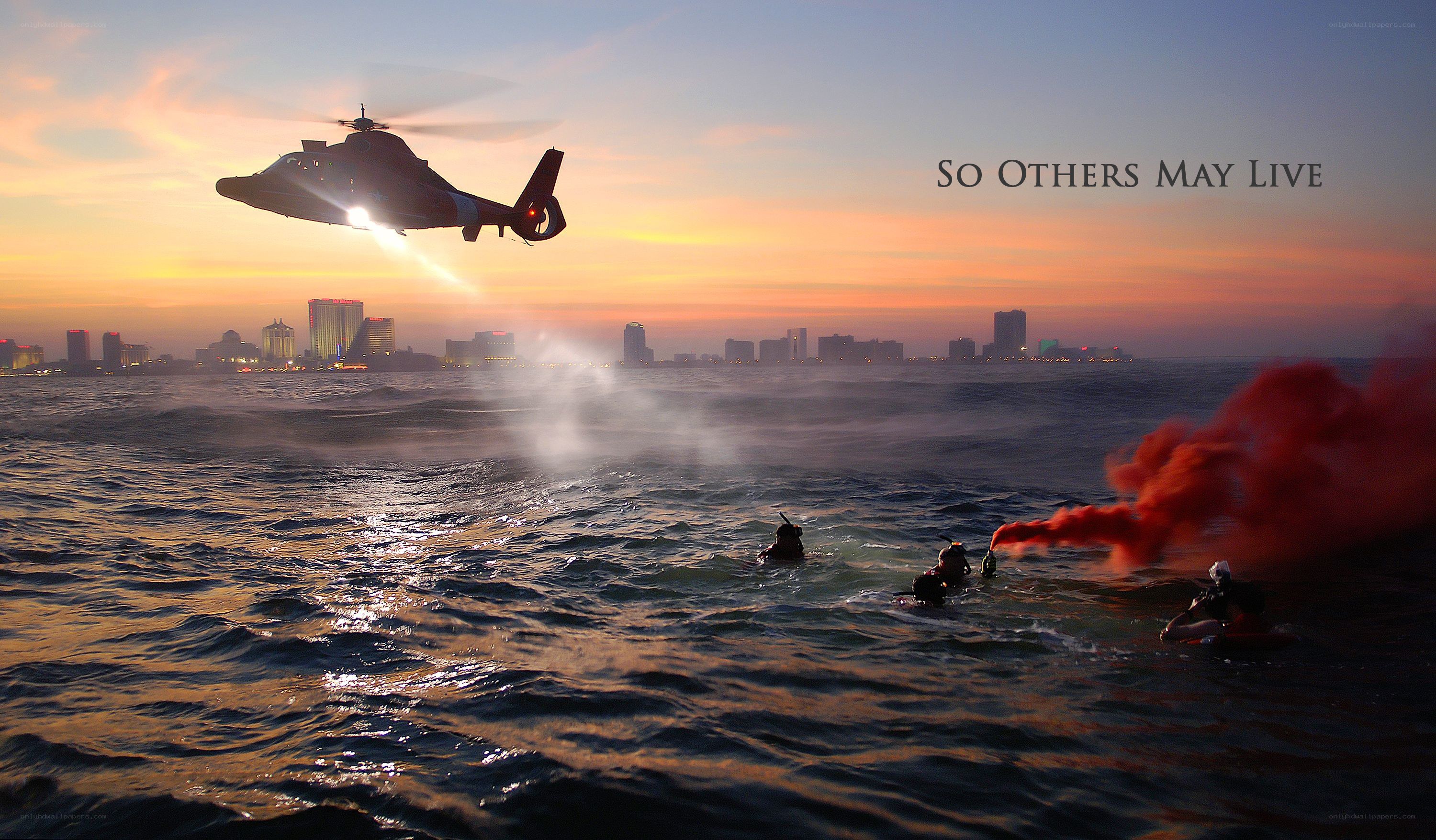 Helicopter rescue at sunset