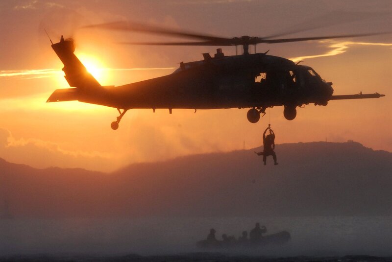 Helicopter rescue at sunset