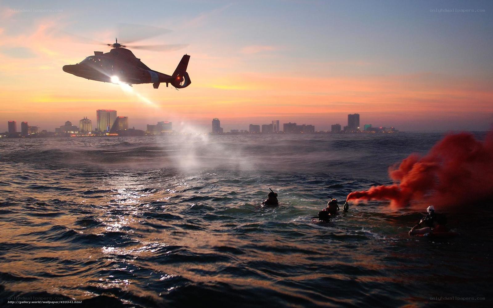 Helicopter rescue at sunset
