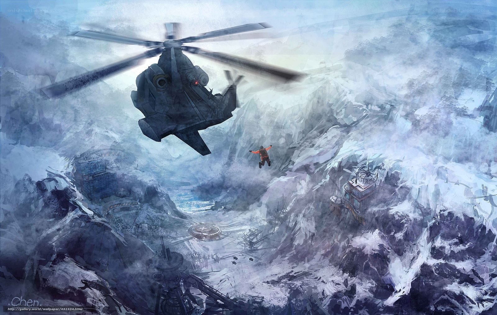 Helicopter rescue in snowy mountains