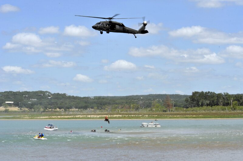 Helicopter rescue over lake
