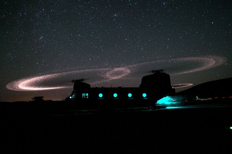 Helicopter under starry sky