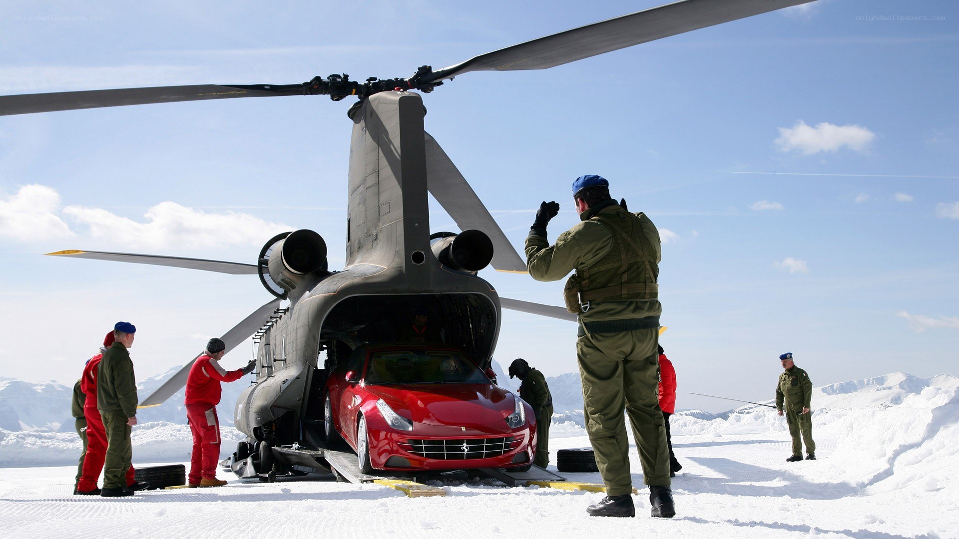 Helicopter unloading red car