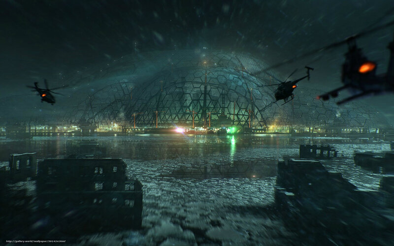 Helicopters over a dome city