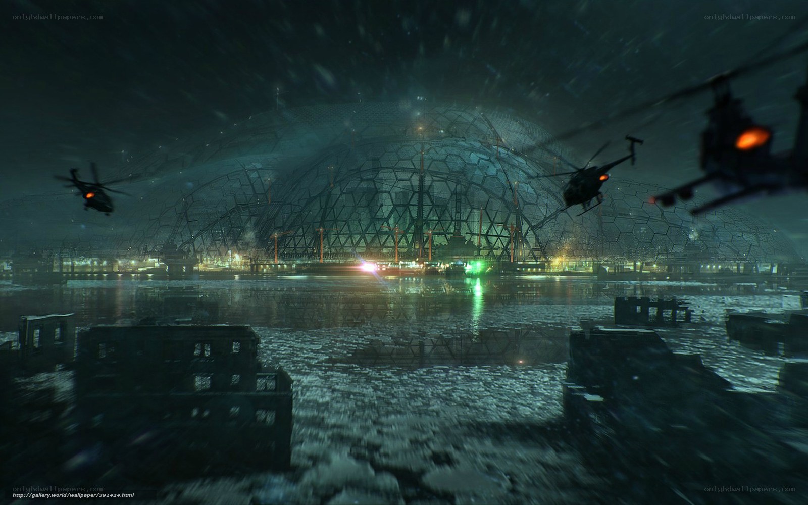 Helicopters over a dome city