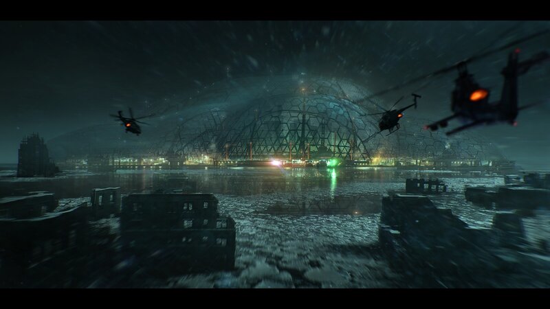Helicopters over a futuristic dome