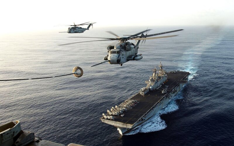 Helicopters over Aircraft Carrier — Gray, Dramatic, Morning