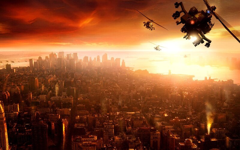 Helicopters over City — Orange, Dramatic, Sunrise, Digital Art