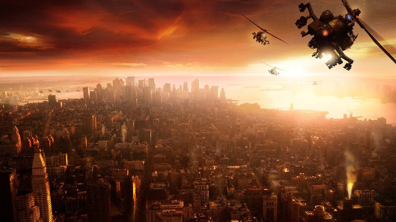 Helicopters over City — Orange, Dramatic, Sunset, Digital Art, Helicopter