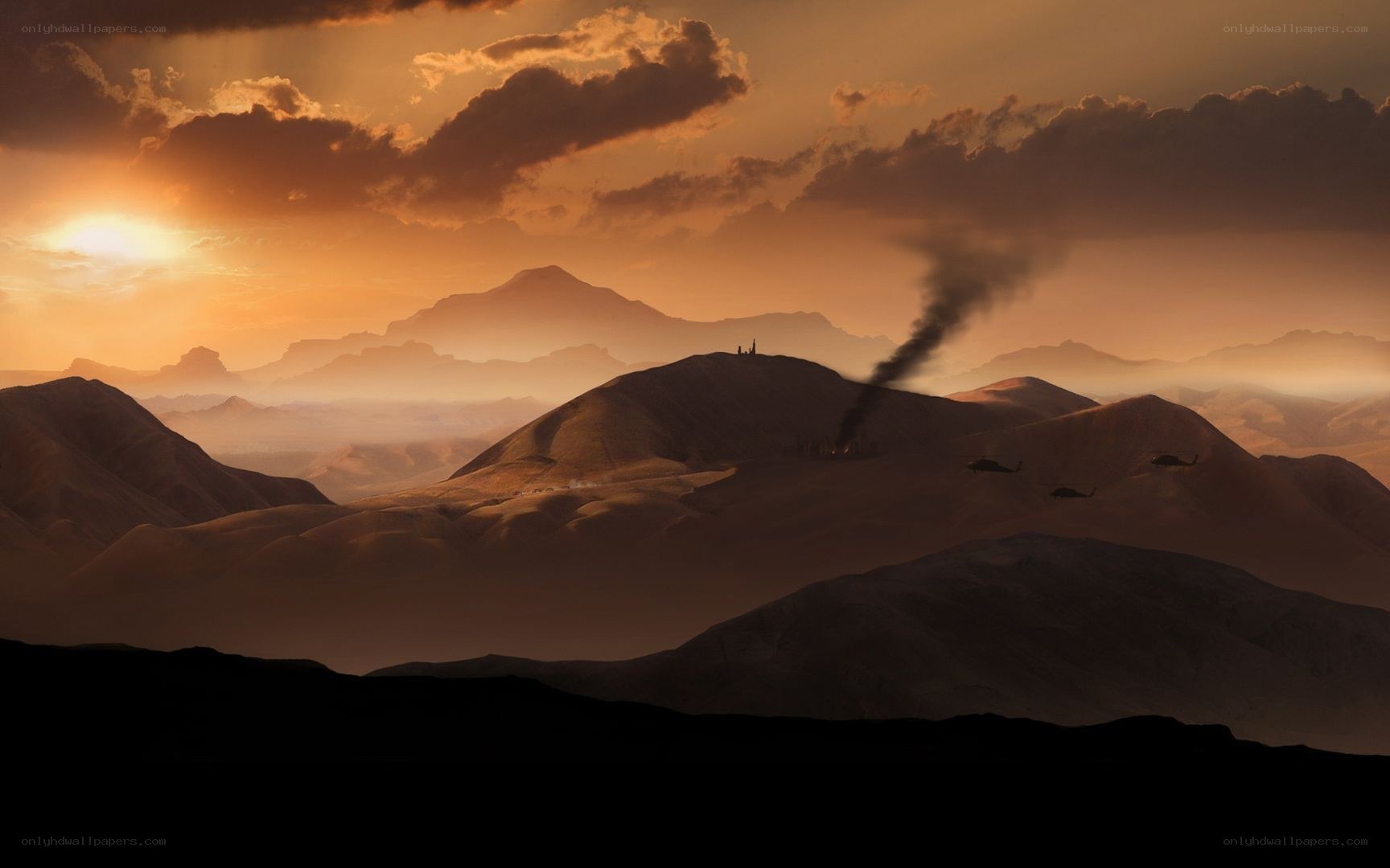 Helicopters over mountainous terrain