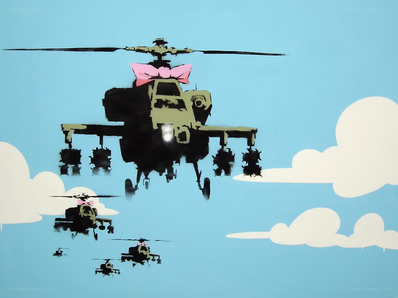 Helicopters with bows in sky