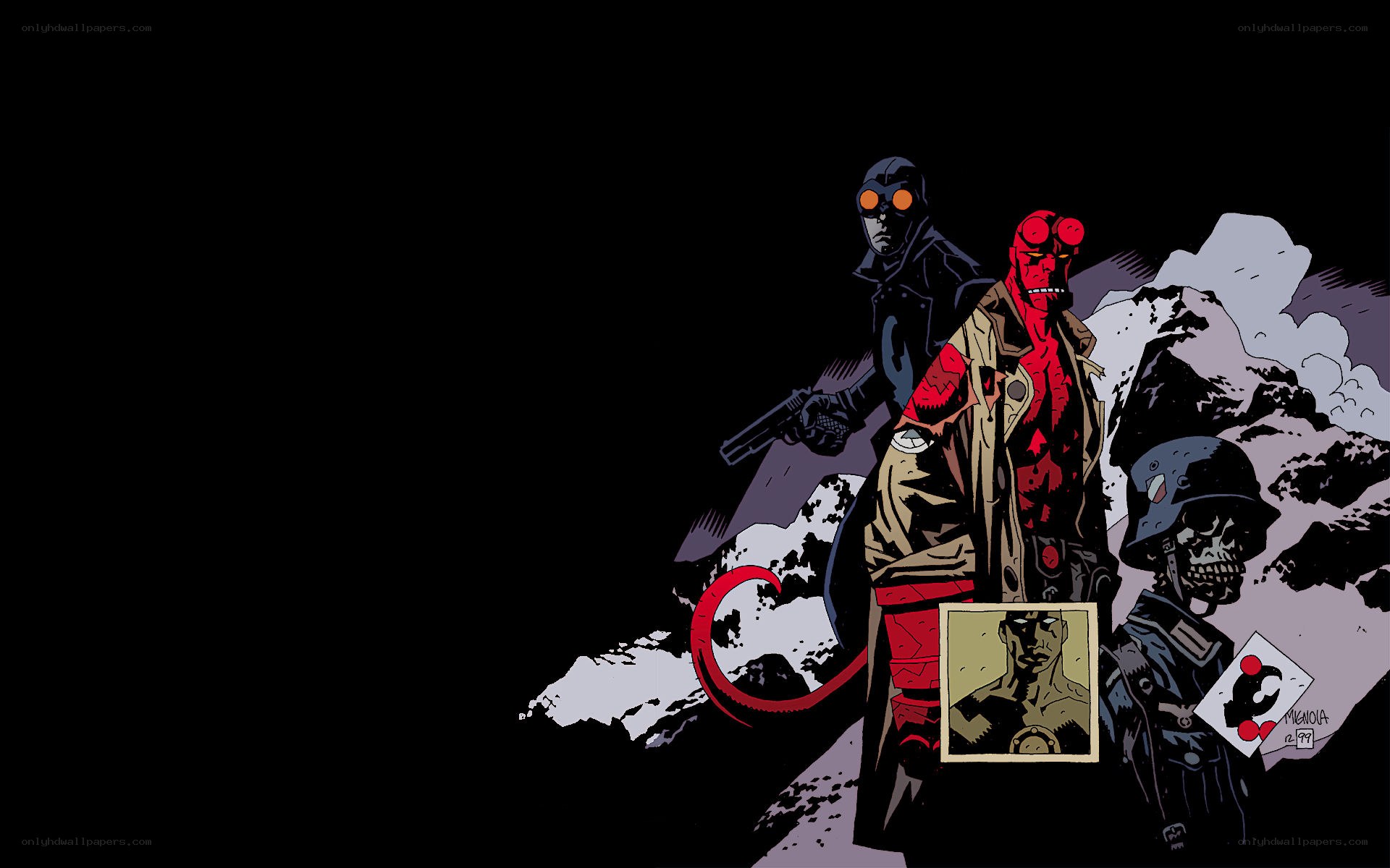 Hellboy and allies in a snowy landscape