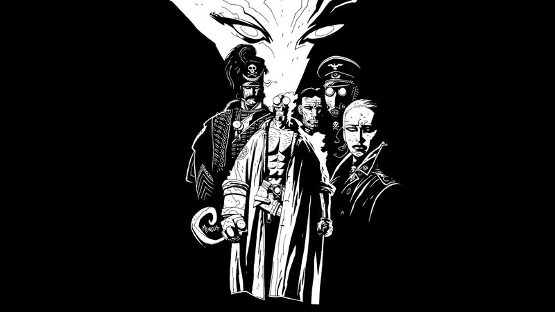 Hellboy and allies in black and white