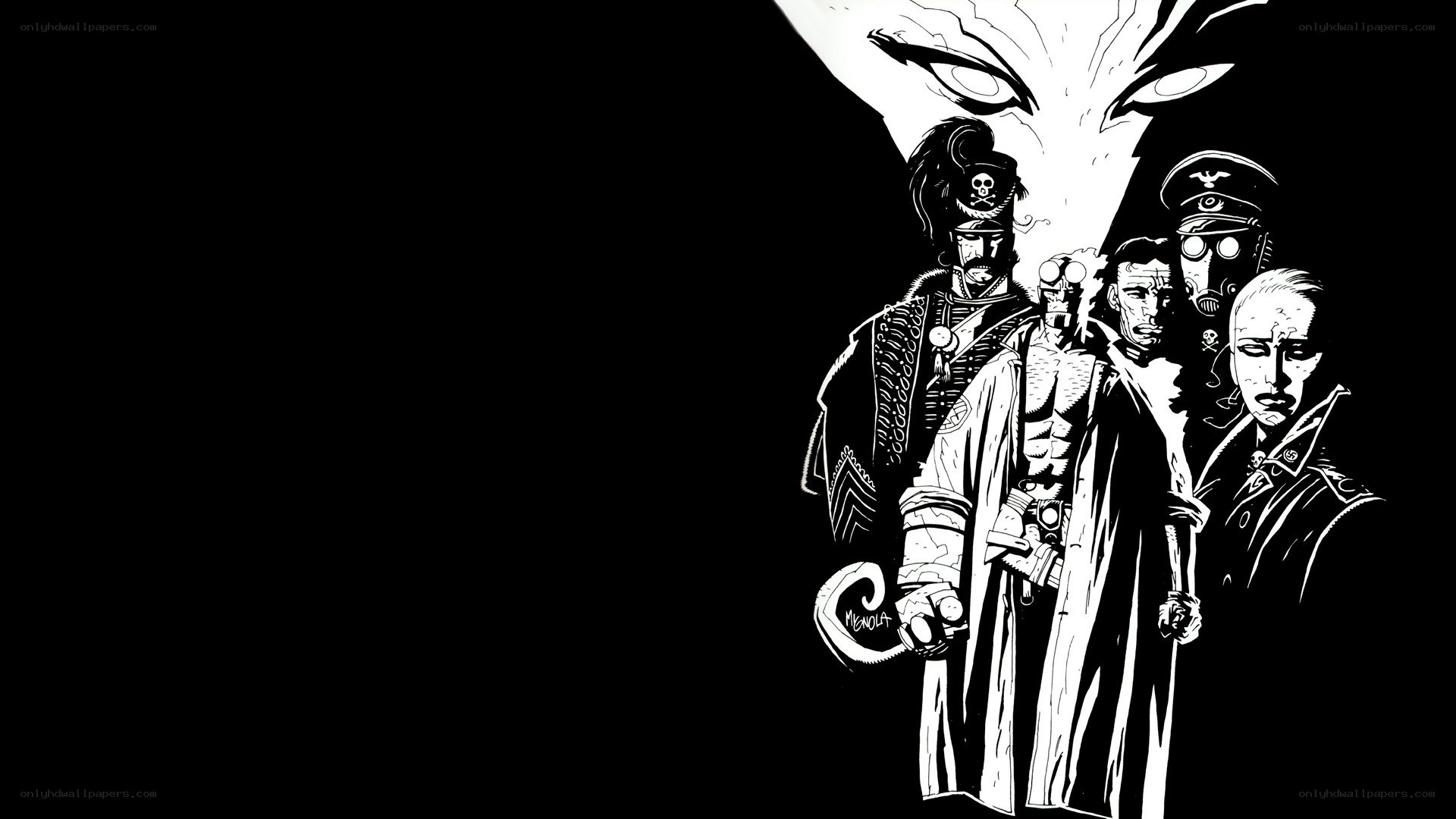Hellboy and allies in black and white