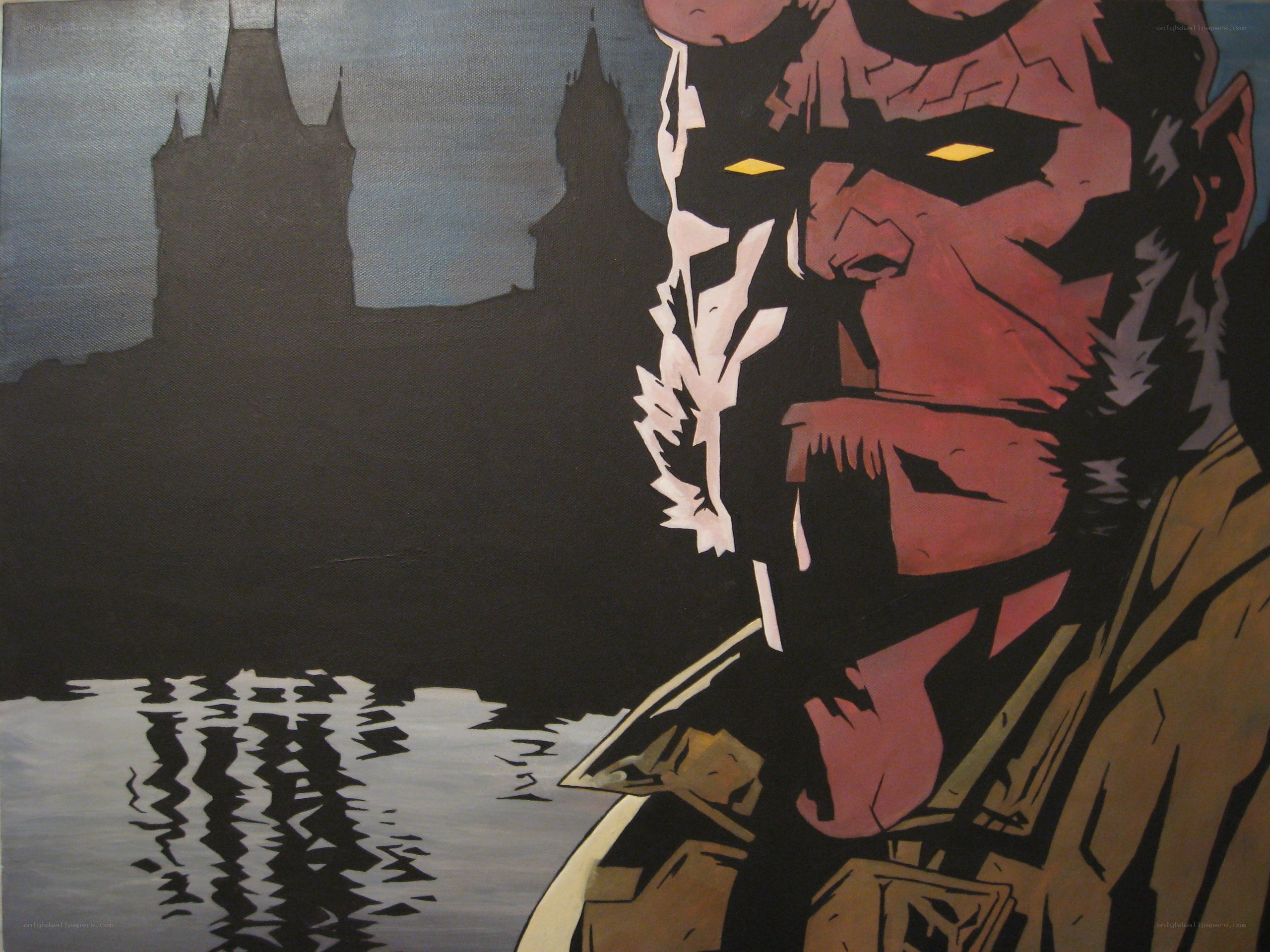 Hellboy by a river at night