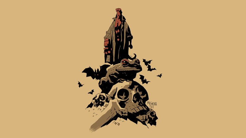 Hellboy on a skull throne