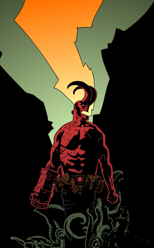 Hellboy stands in a cave