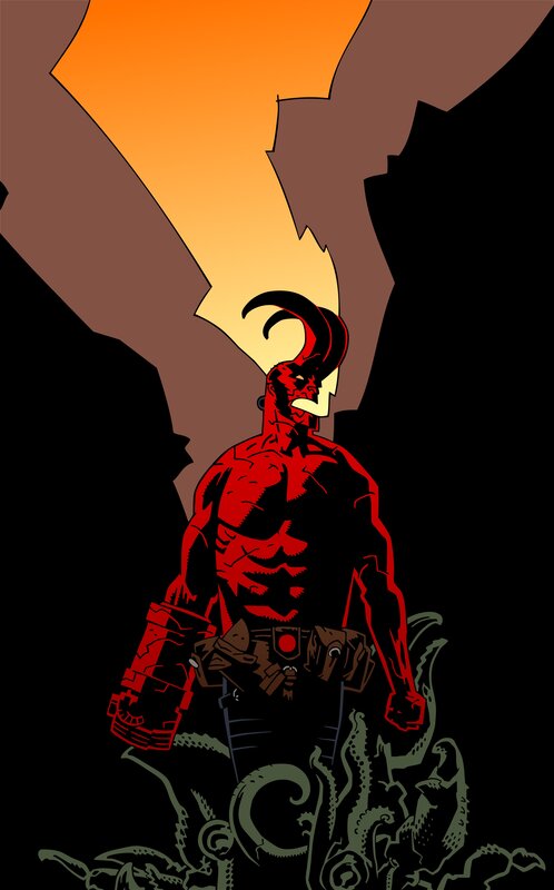 Hellboy stands in a cave