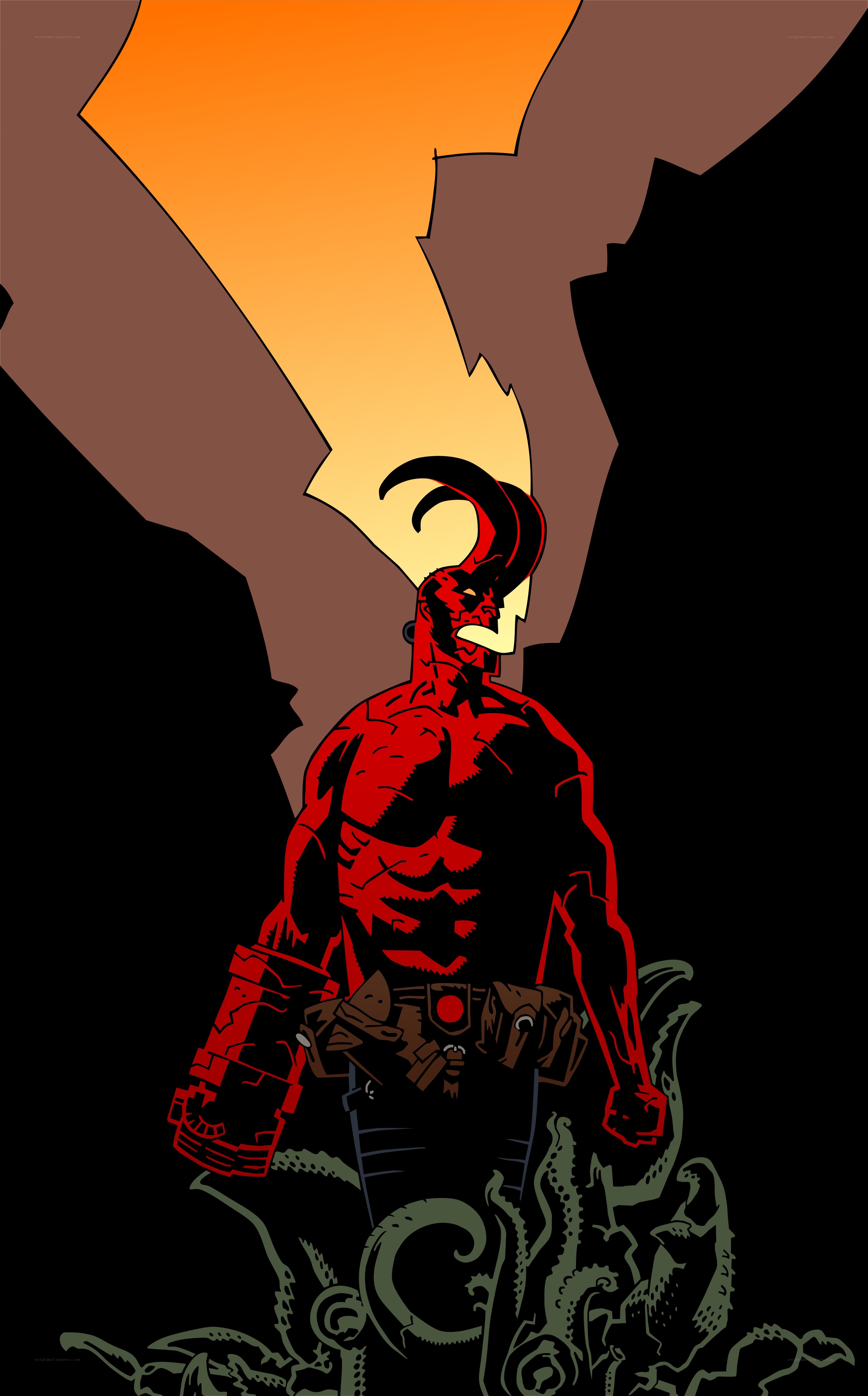 Hellboy stands in a cave