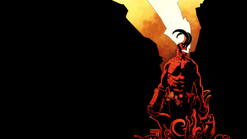 Hellboy stands in shadow