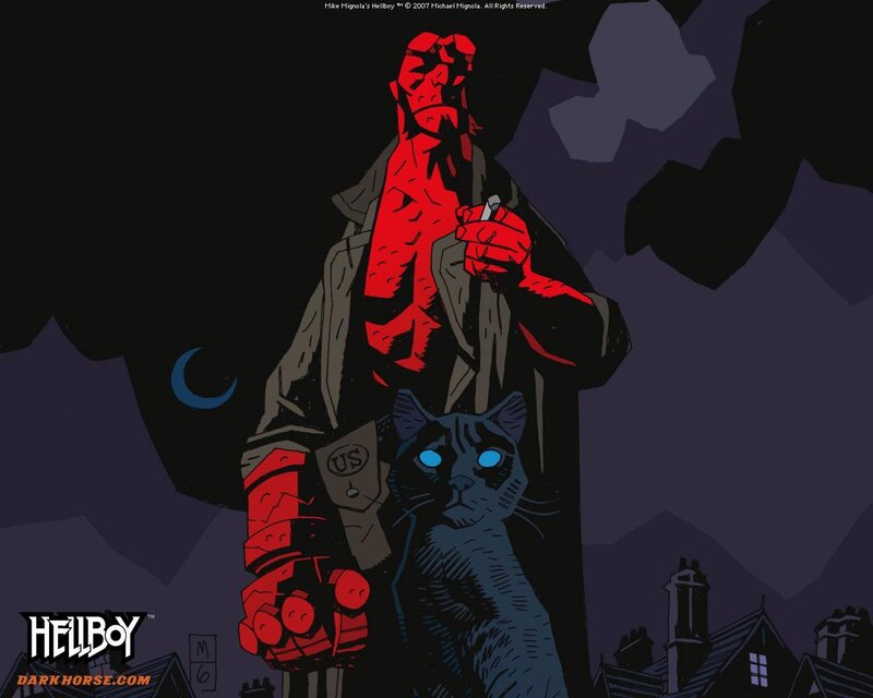 Hellboy with cat in night scene