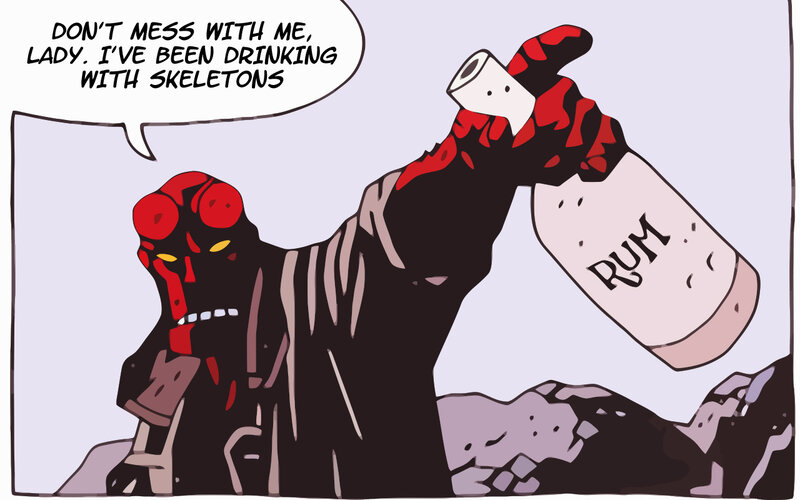Hellboy with rum bottle