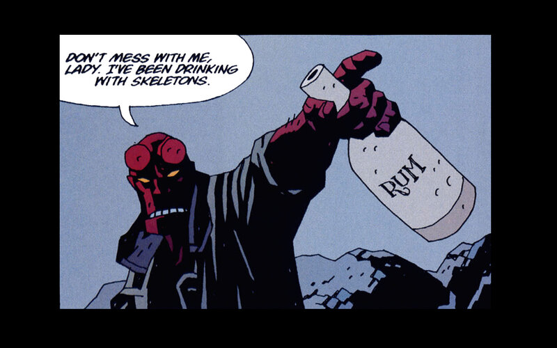 Hellboy with rum bottle