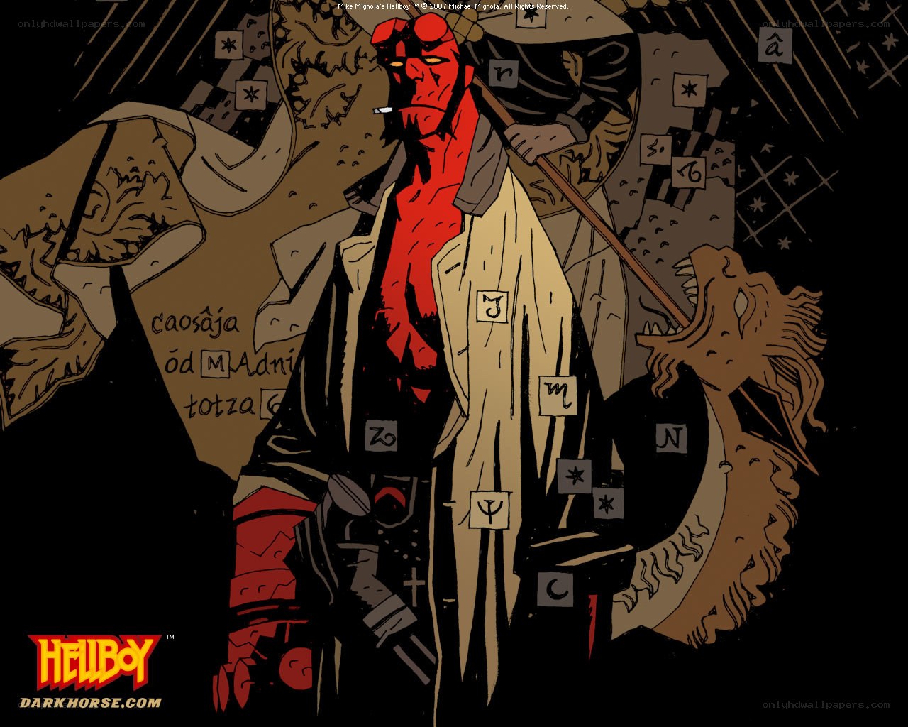 Hellboy with staff and creatures