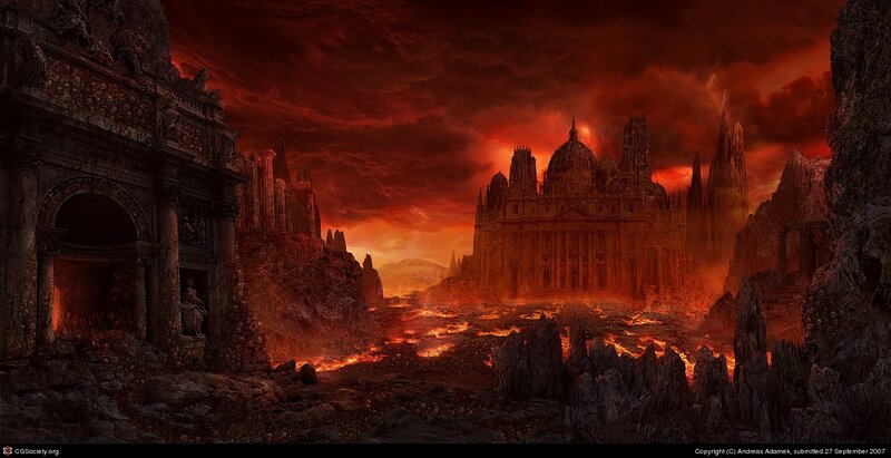 Hellish cityscape with lava