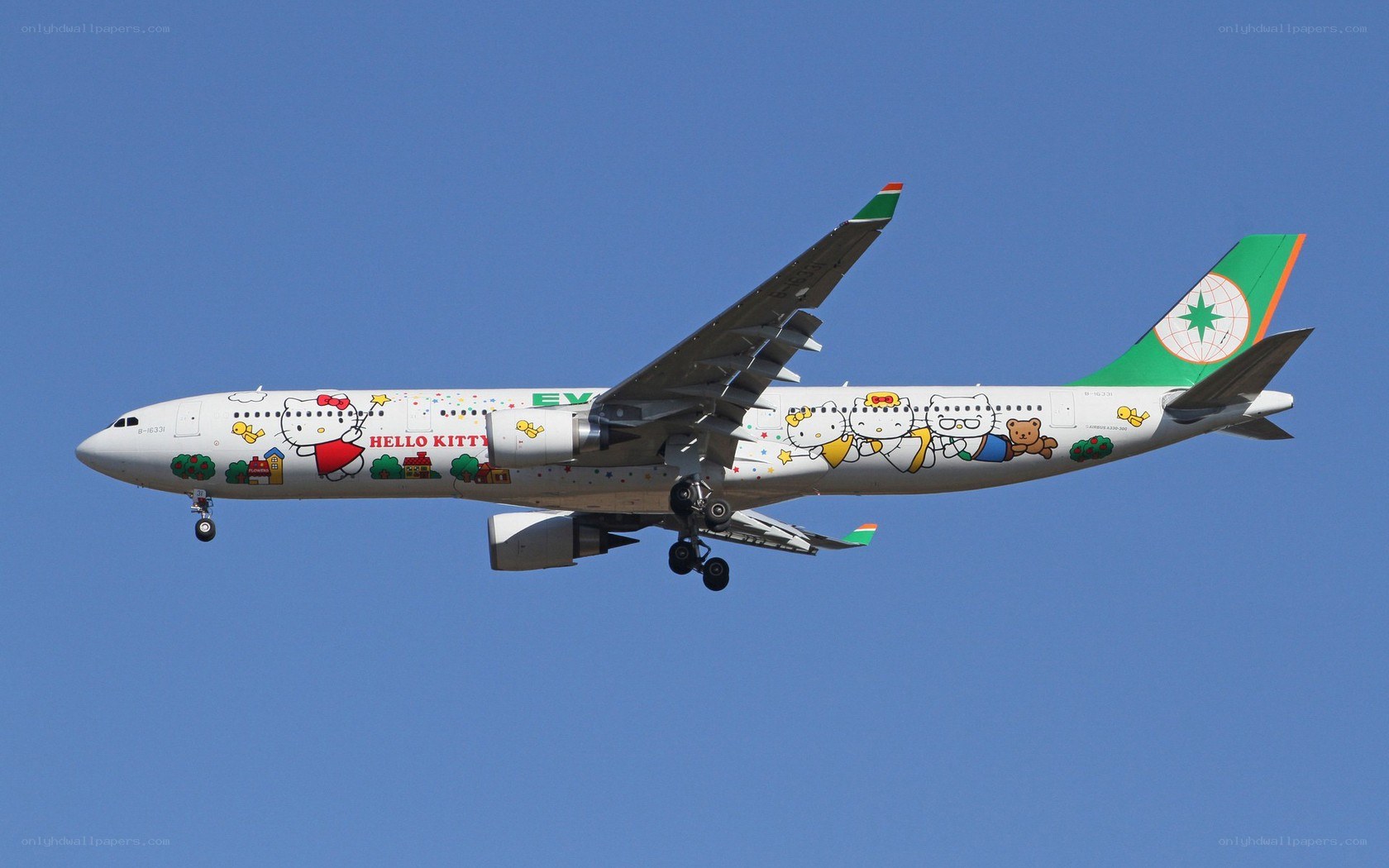 Hello Kitty themed airplane in flight