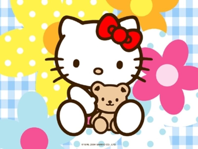 Hello Kitty with Teddy Bear — Yellow, Cheerful, Illustration, Teddy Bear