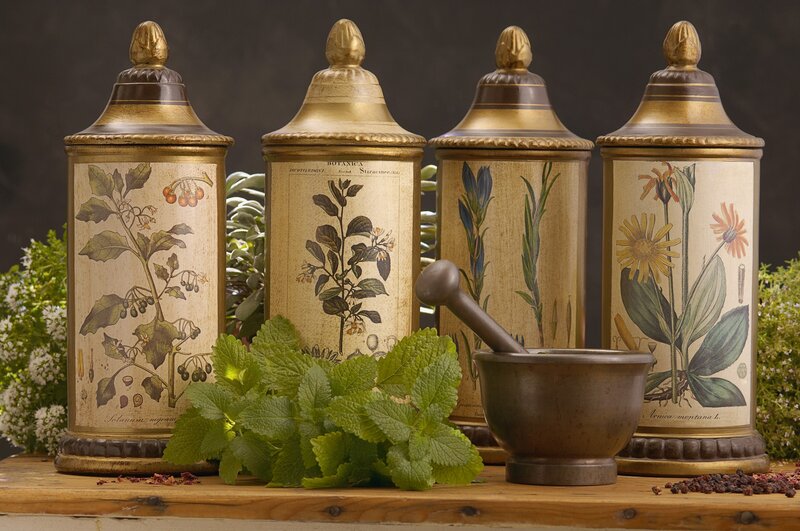 Herbal canisters with mortar and pestle