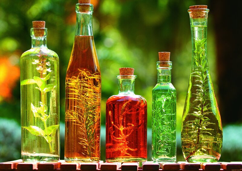 Herbal infusions in glass bottles