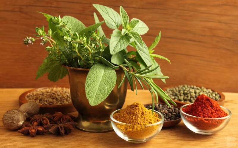 Herbs and Spices on Wood — Brown