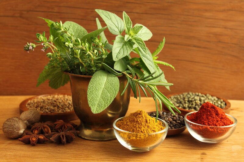 Herbs and Spices on Wood