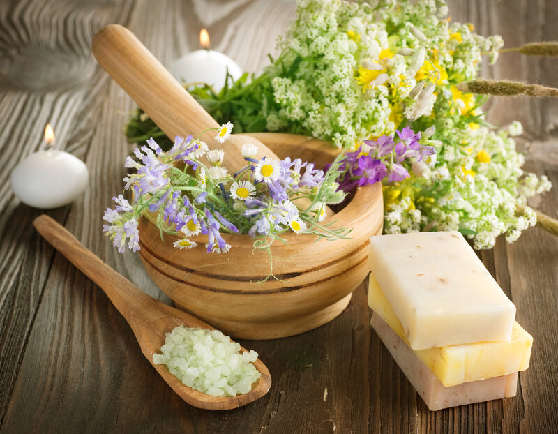 Herbs in Wooden Mortar