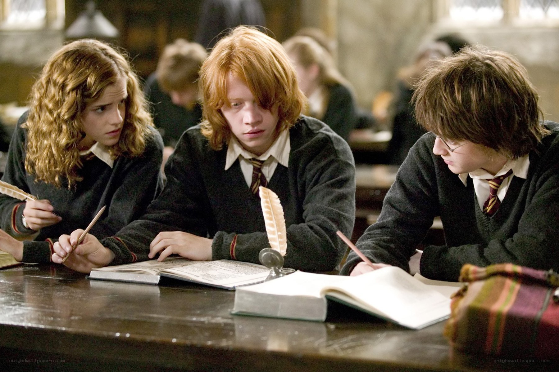 Hermione, Ron, and Harry studying