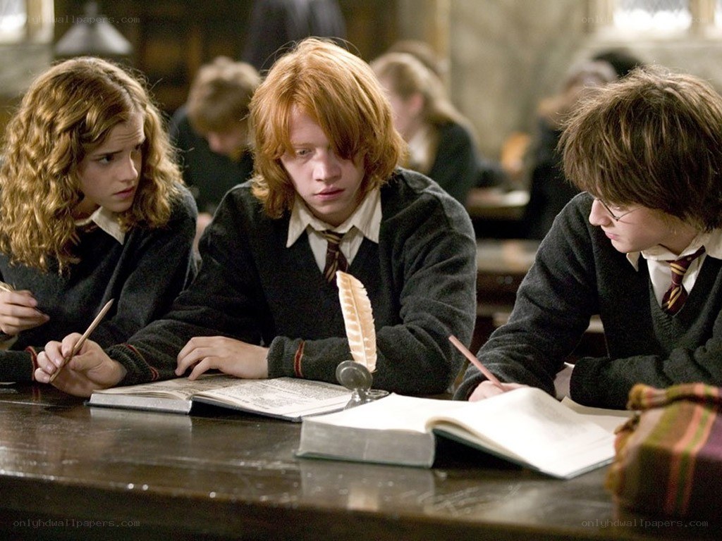Hermione, Ron, and Harry studying